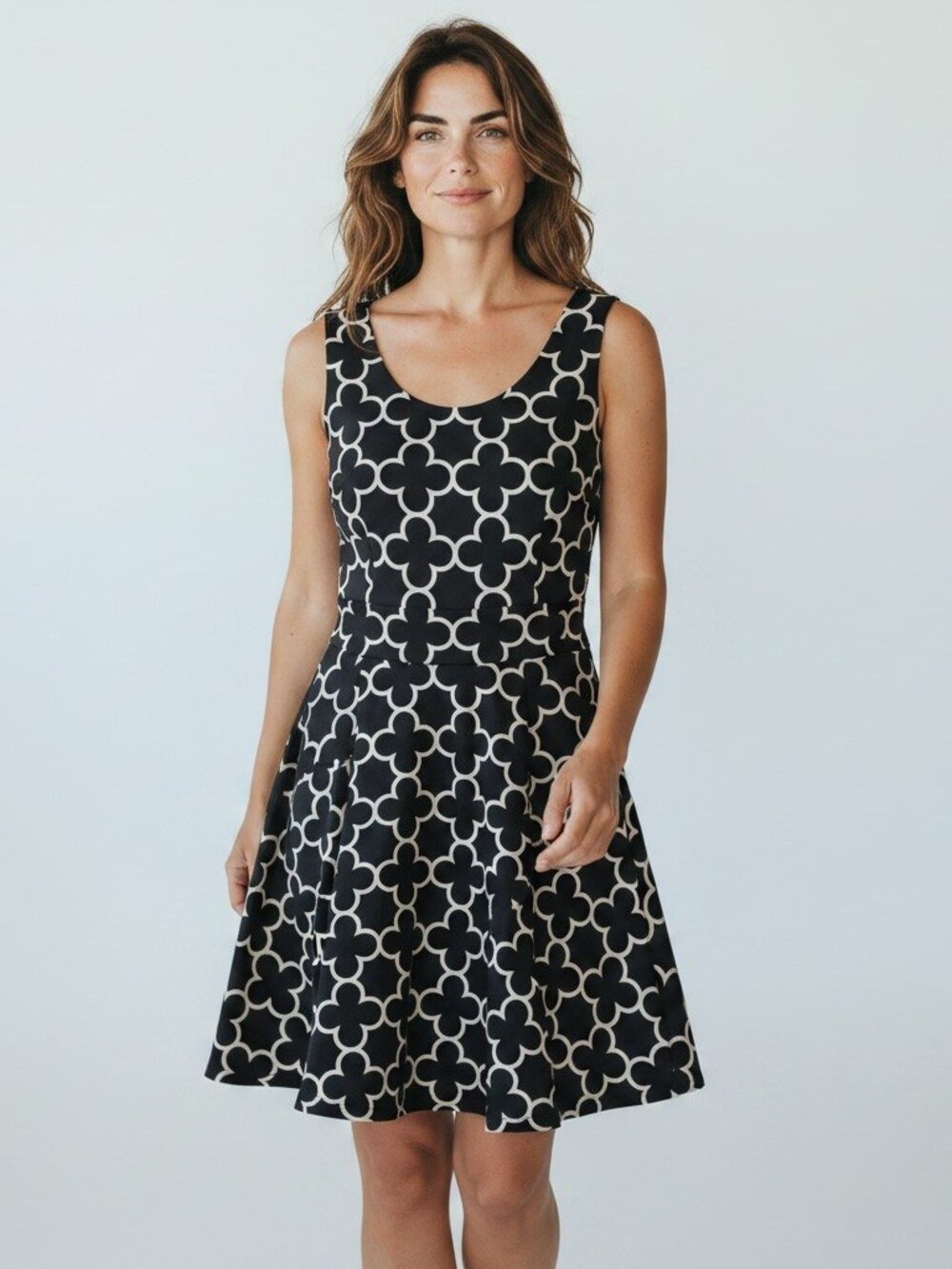 Pink Tartan Black White Clover Print Fit Flare Cocktail Dress
